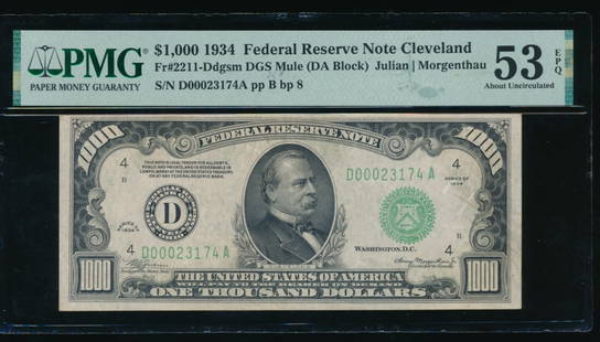 1934 $1000 Cleveland FRN PMG 53EPQ: One 1934 $1000 Cleveland FRN PMG 53EPQ.