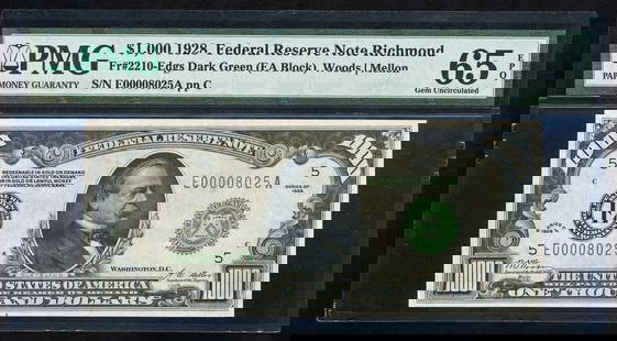 1928 $1000 Richmond FRN PMG 65EPQ: One 1928 $1000 Richmond FRN PMG 65EPQ.