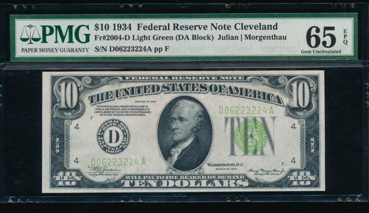 1934 $10 Cleveland FRN PMG 65EPQ: One 1934 $10 Cleveland FRN PMG 65EPQ.
