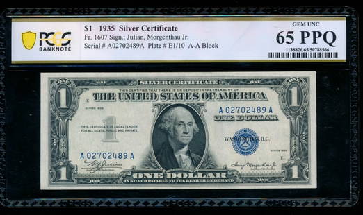 1935 $1 Silver Certificate PCGS 65PPQ: One 1935 $1 Silver Certificate PCGS 65PPQ.