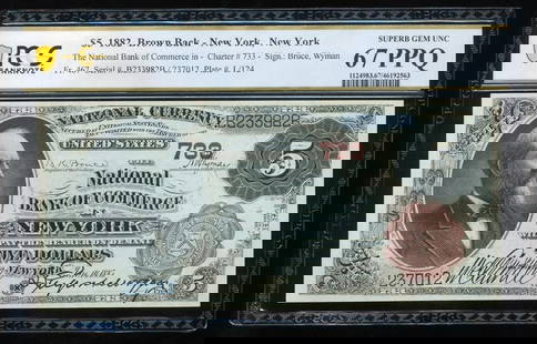 1882 $5 New York NY National PCGS 67PPQ: One 1882 $5 New York NY National PCGS 67PPQ.