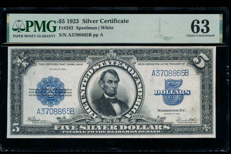 1923 $5 Lincoln Porthole Silver Certificate PMG 63: One 1923 $5 Lincoln Porthole Silver Certificate PMG 63.