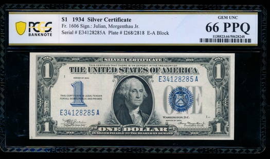 1934 $1 Silver Certificate PCGS 66PPQ: One 1934 $1 Silver Certificate PCGS 66PPQ.