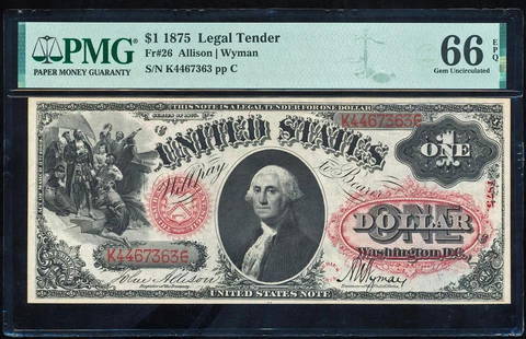 1875 $1 Legal Tender Note PMG 66EPQ: One 1875 $1 Legal Tender Note PMG 66EPQ.