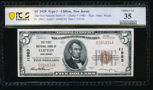 1929 $5 Clifton NJ National PCGS 35: One 1929 $5 Clifton NJ National PCGS 35.