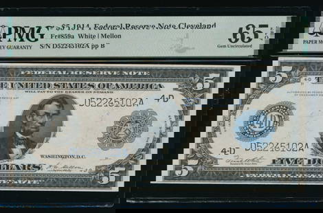 1914 $5 Cleveland FRN PMG 65EPQ: One 1914 $5 Cleveland FRN PMG 65EPQ.