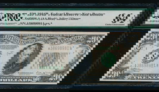 1934B $20 Boston FRN PMG 64EPQ: One 1934B $20 Boston FRN PMG 64EPQ.