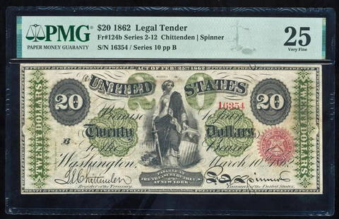 1862 $20 Legal Tender Note PMG 25: One 1862 $20 Legal Tender Note PMG 25.