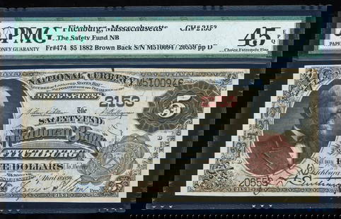 1882 $5 Fitchburg MA National PMG 45EPQ: One 1882 $5 Fitchburg MA National PMG 45EPQ.