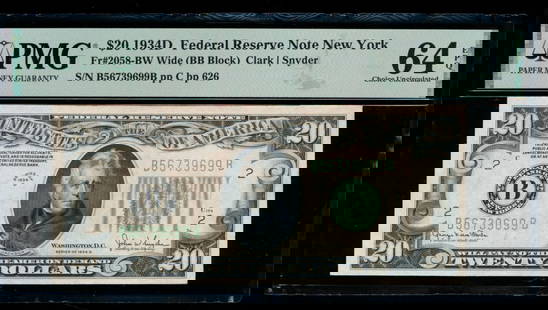 1934D $20 New York FRN PMG 64EPQ: One 1934D $20 New York FRN PMG 64EPQ.