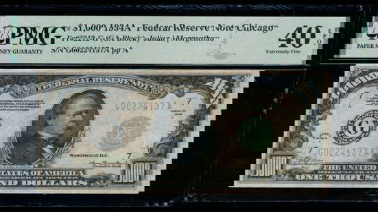 1934A $1000 Chicago FRN PMG 40EPQ: One 1934A $1000 Chicago FRN PMG 40EPQ.
