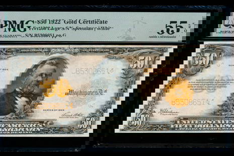 1922 $50 Gold Certificate PMG 55EPQ: One 1922 $50 Gold Certificate PMG 55EPQ.