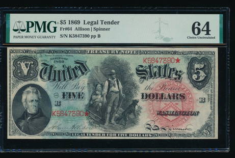 1869 $5 Legal Tender Note PMG 64: One 1869 $5 Legal Tender Note PMG 64.