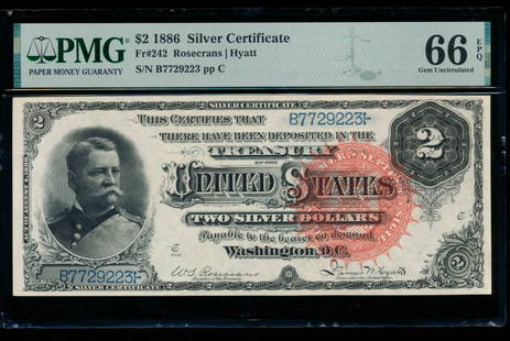 1886 $2 Silver Certificate PMG 66EPQ: One 1886 $2 Silver Certificate PMG 66EPQ.