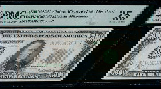 1934A $500 New York FRN PMG 35: One 1934A $500 New York FRN PMG 35.