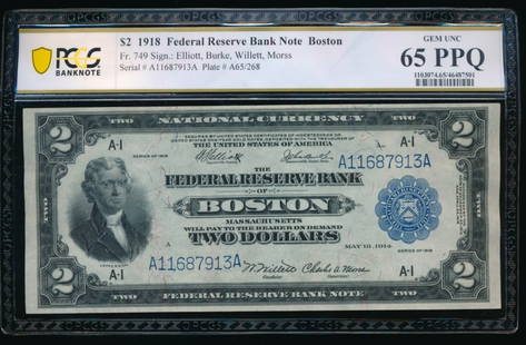 1918 $2 Boston FRBN PCGS 65PPQ: One 1918 $2 Boston FRBN PCGS 65PPQ.