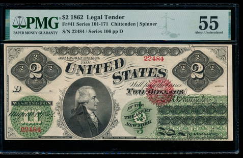 1862 $2 Legal Tender Note PMG 55: One 1862 $2 Legal Tender Note PMG 55.