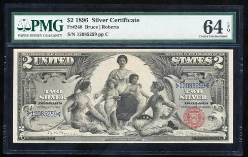 1896 $2 Educational Silver Certificate PMG 64EPQ: One 1896 $2 Educational Silver Certificate PMG 64EPQ.