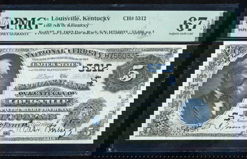 1882 $5 Louisville KY National PMG 67EPQ: One 1882 $5 Louisville KY National PMG 67EPQ.