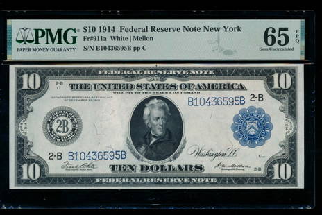 1914 $10 New York FRN PMG 65EPQ: One 1914 $10 New York FRN PMG 65EPQ.