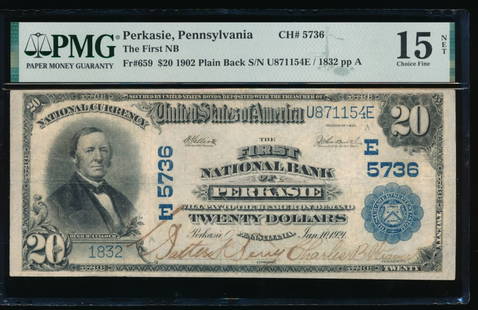 1902 $20 Perkasie PA National PMG 15NET: One 1902 $20 Perkasie PA National PMG 15NET.