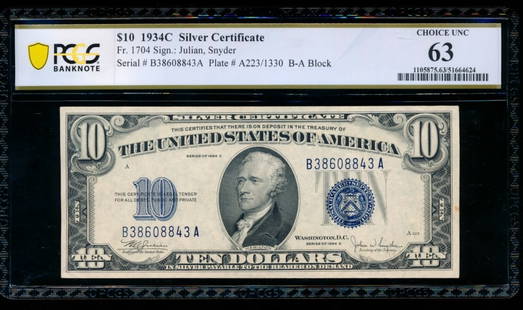 1934C $10 Silver Certificate PCGS 63: One 1934C $10 Silver Certificate PCGS 63.