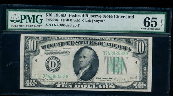 1934D $10 Cleveland FRN PMG 65EPQ: One 1934D $10 Cleveland FRN PMG 65EPQ.