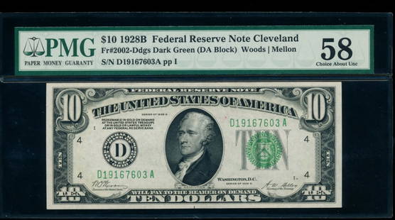 1928B $10 Cleveland FRN PMG 58: One 1928B $10 Cleveland FRN PMG 58.