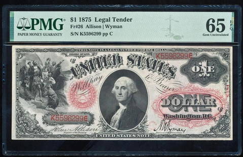 1875 $1 Legal Tender Note PMG 65EPQ: One 1875 $1 Legal Tender Note PMG 65EPQ.
