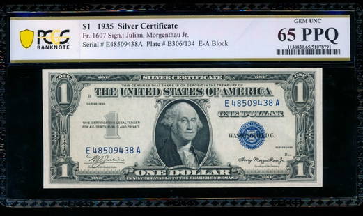 1935 $1 Silver Certificate PCGS 65PPQ: One 1935 $1 Silver Certificate PCGS 65PPQ.