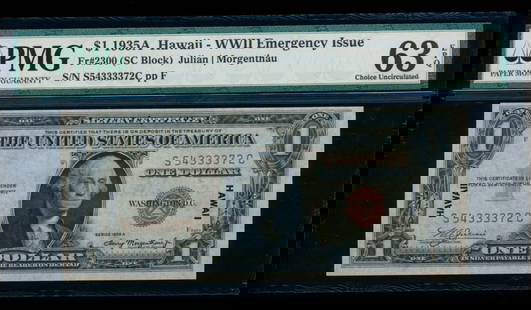 1935A $1 Hawaii Silver Certificate PMG 63EPQ: One 1935A $1 Hawaii Silver Certificate PMG 63EPQ.