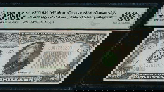 1934 $20 Kansas City FRN PMG 66EPQ: One 1934 $20 Kansas City FRN PMG 66EPQ.
