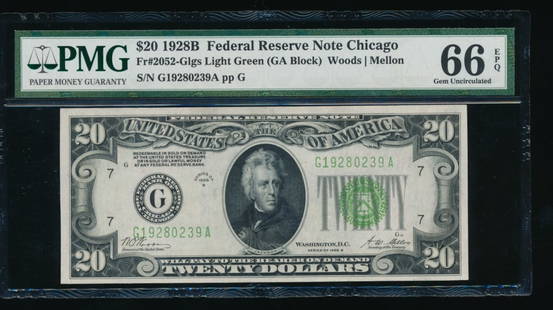 1928B $20 Chicago FRN PMG 66EPQ: One 1928B $20 Chicago FRN PMG 66EPQ.