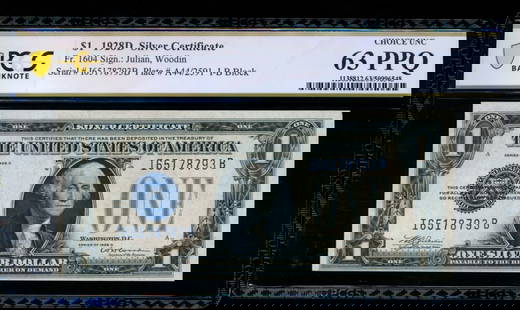 1928D $1 Silver Certificate PCGS 63PPQ: One 1928D $1 Silver Certificate PCGS 63PPQ.