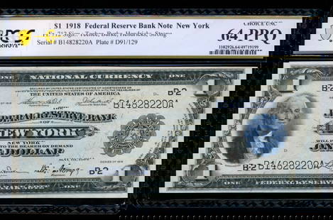 1918 $1 New York FRBN PCGS 64PPQ: One 1918 $1 New York FRBN PCGS 64PPQ.