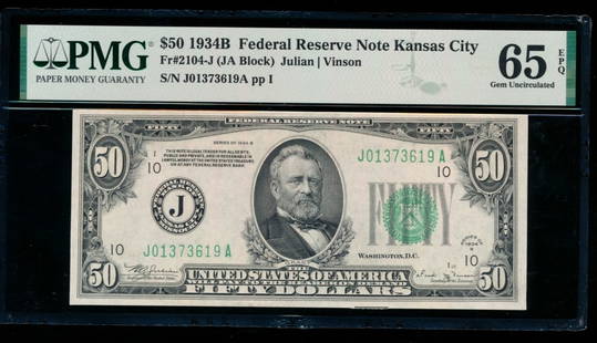 1934B $50 Kansas City FRN PMG 65EPQ: One 1934B $50 Kansas City FRN PMG 65EPQ.