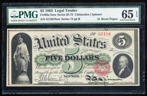 1863 $5 Legal Tender Note PMG 65EPQ: One 1863 $5 Legal Tender Note PMG 65EPQ.