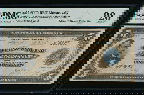 1915 $5 Kansas City Federal Reserve Note PMG 20: One 1915 $5 Kansas City Federal Reserve Note PMG 20.