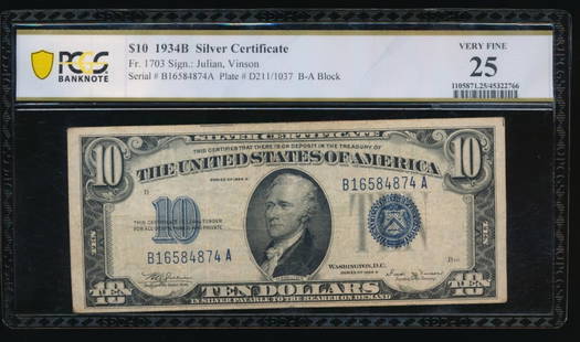 1934B $10 Silver Certificate PCGS 25: One 1934B $10 Silver Certificate PCGS 25.
