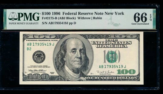 1996 $100 New York FRN PMG 66EPQ: One 1996 $100 New York FRN PMG 66EPQ.