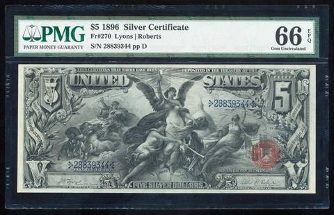 1896 $5 Educational Silver Certificate PMG 66EPQ: One 1896 $5 Educational Silver Certificate PMG 66EPQ.