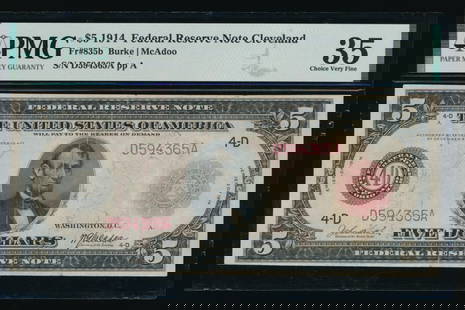 1914 $5 Cleveland FRN PMG 35: One 1914 $5 Cleveland FRN PMG 35.