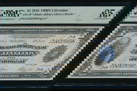 1918 $1 Cleveland FRBN PMG 65EPQ: One 1918 $1 Cleveland FRBN PMG 65EPQ.