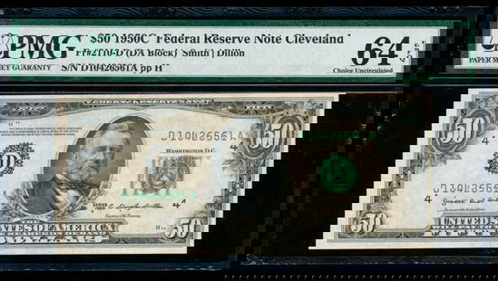 1950C $50 Cleveland FRN PMG 64EPQ: One 1950C $50 Cleveland FRN PMG 64EPQ.