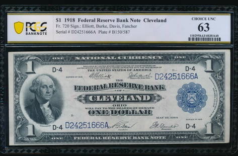 1918 $1 Cleveland FRN PCGS 63: One 1918 $1 Cleveland FRN PCGS 63.