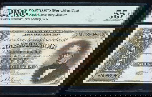 1880 $50 Silver Certificate PMG 55EPQ: One 1880 $50 Silver Certificate PMG 55EPQ.