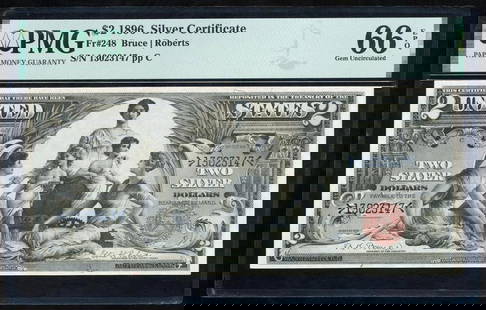1896 $2 Educational Silver Certificate PMG 66EPQ: One 1896 $2 Educational Silver Certificate PMG 66EPQ.