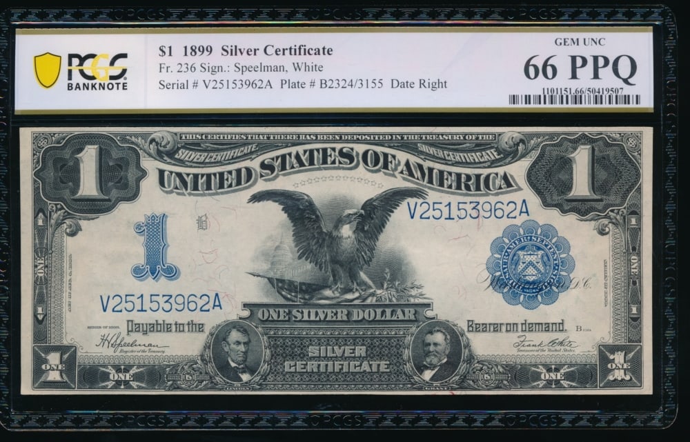 1899 $1 Black Eagle Silver Certificate PCGS 66PPQ: One 1899 $1 Black Eagle Silver Certificate PCGS 66PPQ.