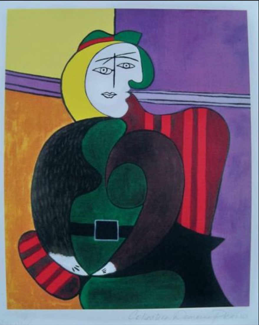 Pablo Picasso Woman In Red Armchair Giclee: PABLO PICASSO (ESTATE COLLECTION DOMAINE) small limited edition giclee titled “WOMAN IN RED ARMCHAIR”. This piece is pencil signed on the lower right as ‘Collection Domaine Picasso’ and ha