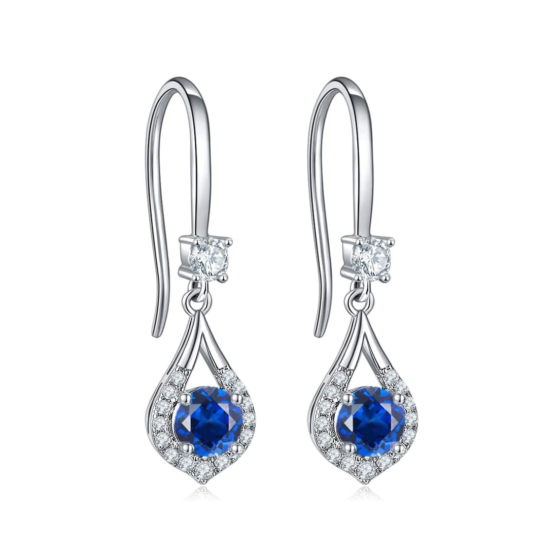 Gorgeous VVS1 Blue Sapphire Lab Created Earrings: These Dazzling VVS1 Blue Sapphire Earrings are near flawless. 1 Cttw round cuts. They are mounted in .925 solid sterling silver with 14 Kt White Gold Overlay, which gives these earrings their high pol